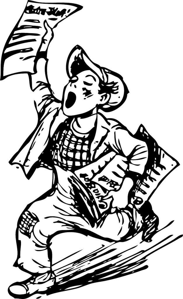 A black and white drawing of an old-fashioned newsboy.