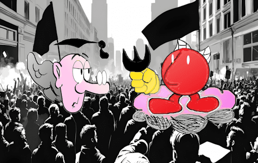 The characters, Conscience and Nonsense appear in a depiction of a crowd of people.