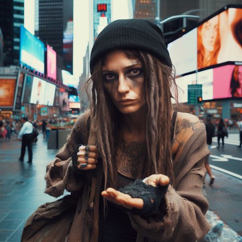 A grungy woman in her thirties panhandles in times square.
