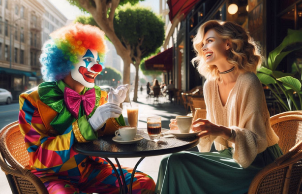 A circus clown and a lovely lady having coffee together.