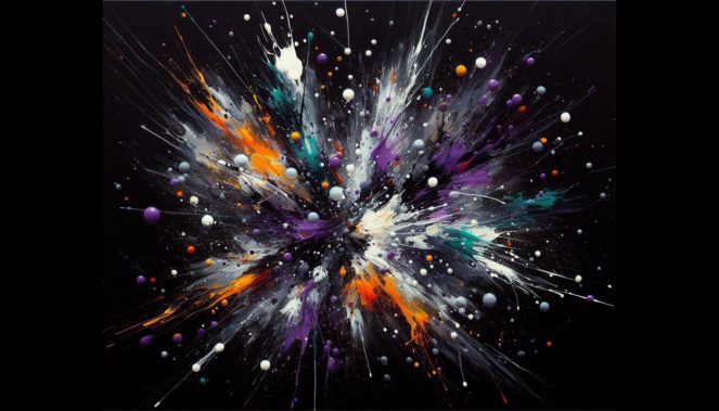 Paint spatters on a canvas in the style of Jackson Pollock.