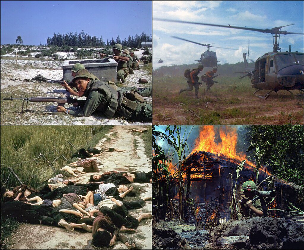 A four-photo collage shows scenes from the Vietnam War including helicopters, Marines, bodies and the destruction of a village.