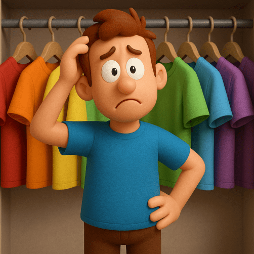 A three-dimensional animated-style cartoon character stands in front of the variously colored shirts in his closet, befuddled as to what to wear.